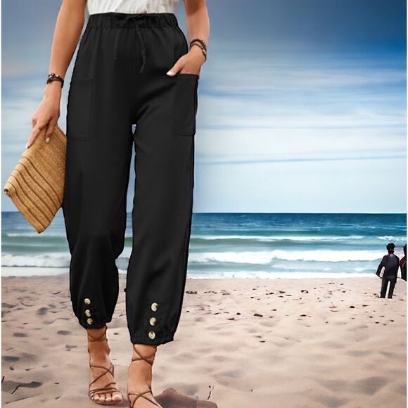 Black Pocket-Tie Waist, button accent lightweight cotton blend pants size L nwt - Picture 11 of 13